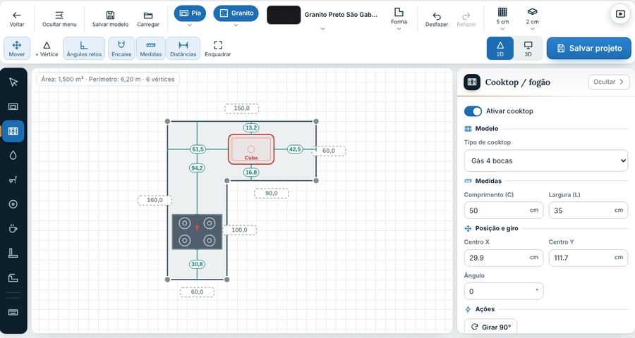 Editor 2D: bancada em L com cuba e cooktop, com as medidas e distâncias