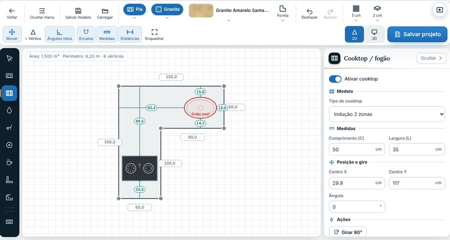 Editor 2D: bancada em L com cuba oval e cooktop de indução