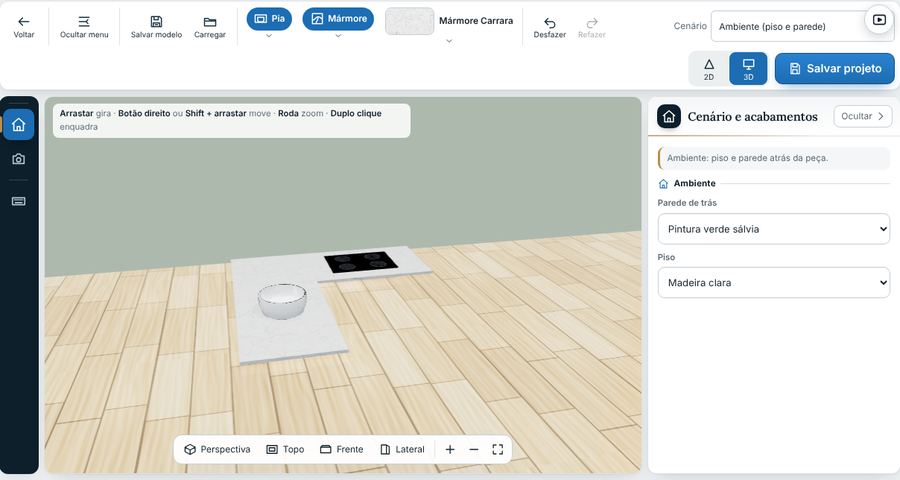 Editor 3D: bancada em L de mármore Carrara com cooktop de indução, sobre piso de madeira