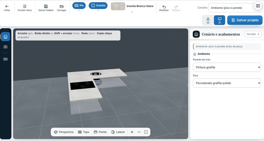 Editor 3D: bancada em L de granito branco com piso e parede grafite