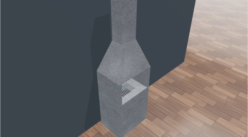 Editor 3D do LapidusCore: churrasqueira de pedra com coifa e chaminé, Granito Cinza Andorinha, parede grafite e piso de madeira escura