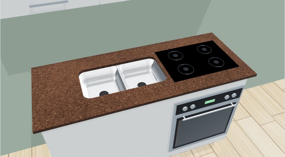 Editor 3D do LapidusCore: bancada reta de cozinha com cuba dupla e cooktop, Granito Marrom Tabaco, armários brancos, parede verde sálvia e piso de madeira clara