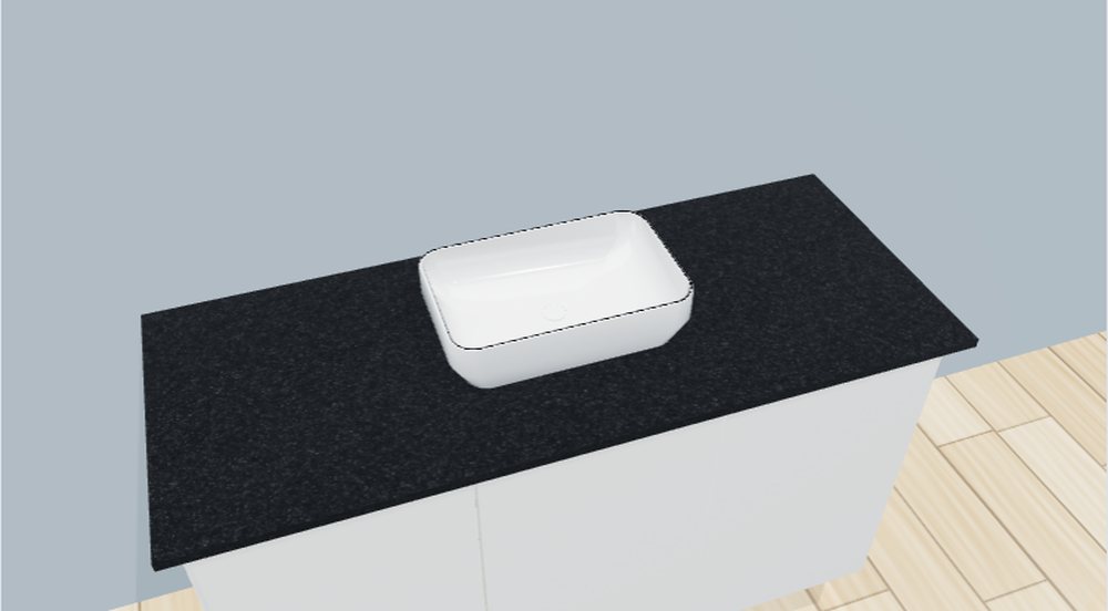Editor 3D do LapidusCore: bancada de banheiro com cuba de apoio retangular, Granito Preto São Gabriel, balcão branco e parede azul