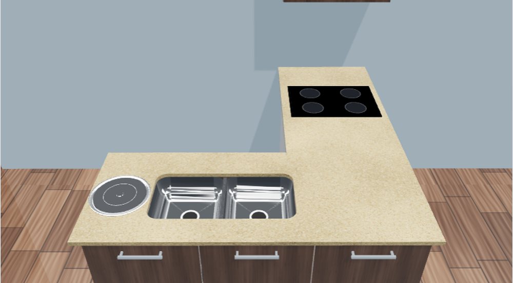 Editor 3D do LapidusCore: bancada em L com cuba dupla, lixeira e cooktop de indução, Granito Amarelo Santa Cecília, armários em nogueira, parede azul e piso de madeira escura