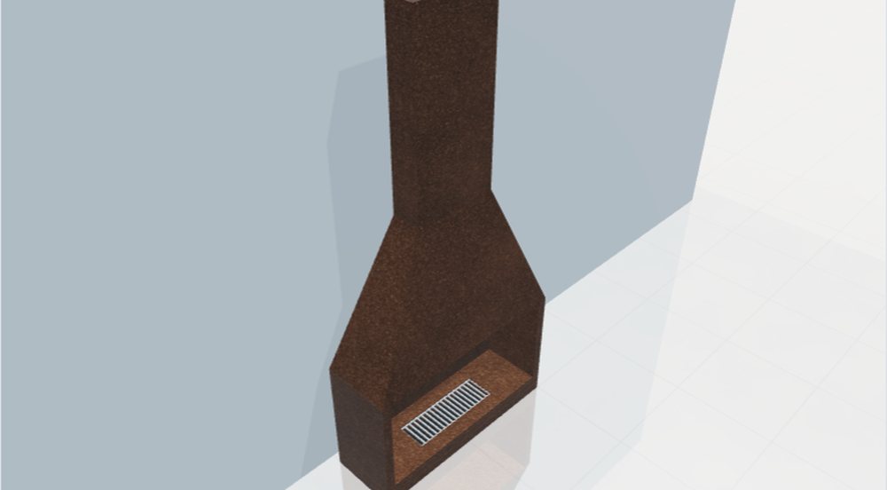 Editor 3D do LapidusCore: lareira de pedra com coifa e chaminé, Granito Marrom Tabaco, parede azul acinzentada e porcelanato branco